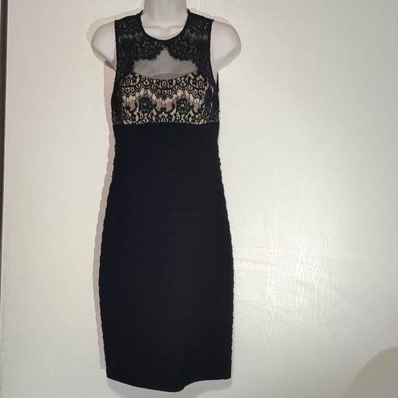 Betsy & Adam Dresses & Skirts - Betsy & Adam Black Lace over Nude cocktail  midi Dress   size 4